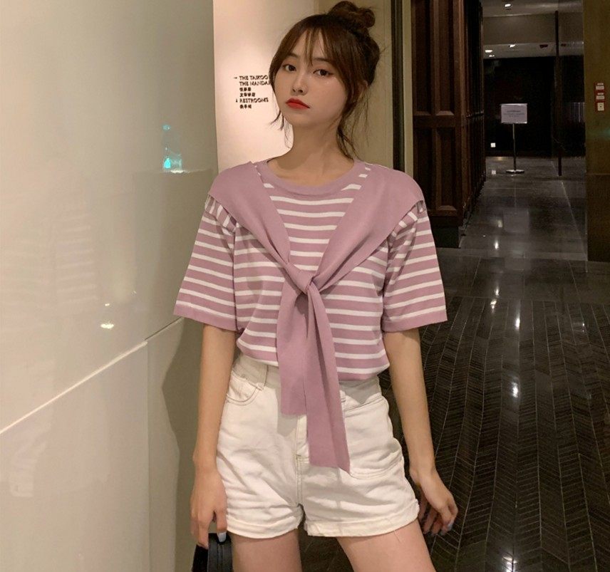 条纹海军领长袖针织衫假两件t恤 麻萱毛针织衫