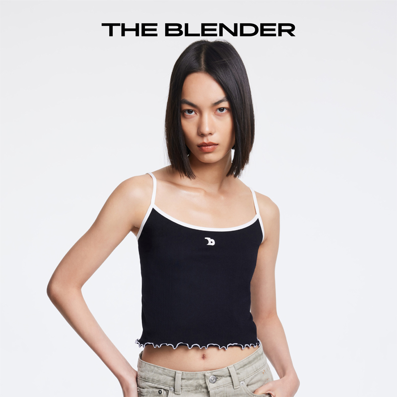 The Blender 刺绣LOGO撞色青春活力荷叶边无缝针织细肩带吊带背心 - 图2