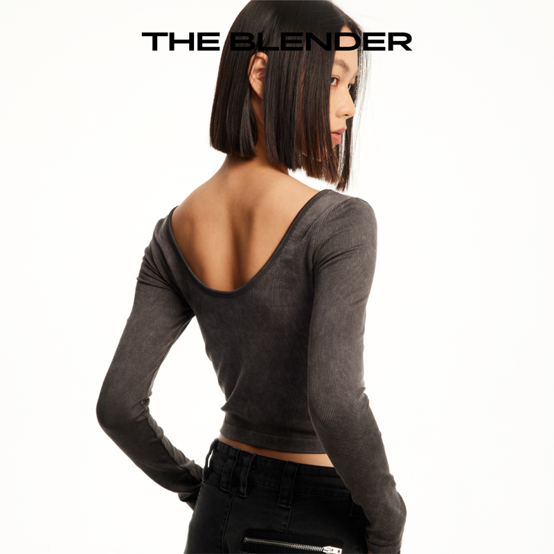 Theblender砂洗罗纹LOGO织带正反两穿日常舒适长袖修身短款上衣女 - 图3