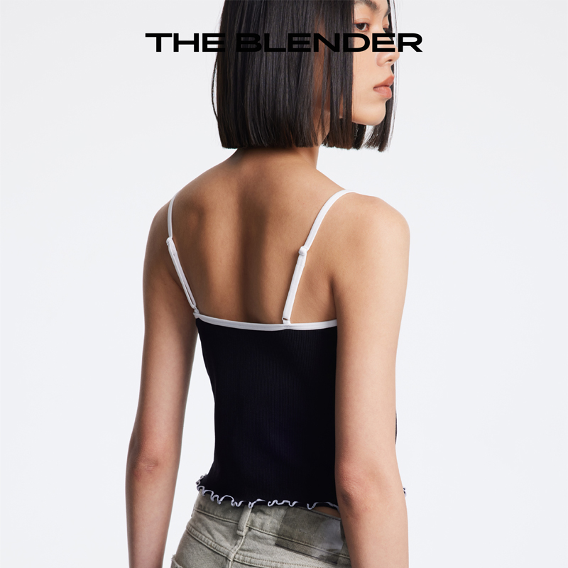 The Blender 刺绣LOGO撞色青春活力荷叶边无缝针织细肩带吊带背心 - 图3