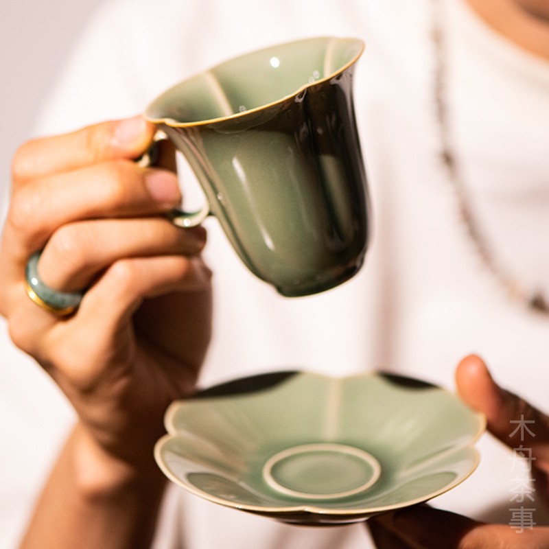 木舟茶事越窑青瓷四叶草咖啡杯马克茶杯主人杯复古带把手茶杯茶具-图1