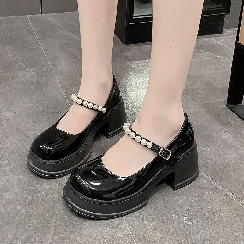 7cm高跟厚底玛丽珍女鞋2025秋时尚透气网眼洞洞鞋浅口黑色工作鞋 - 图0