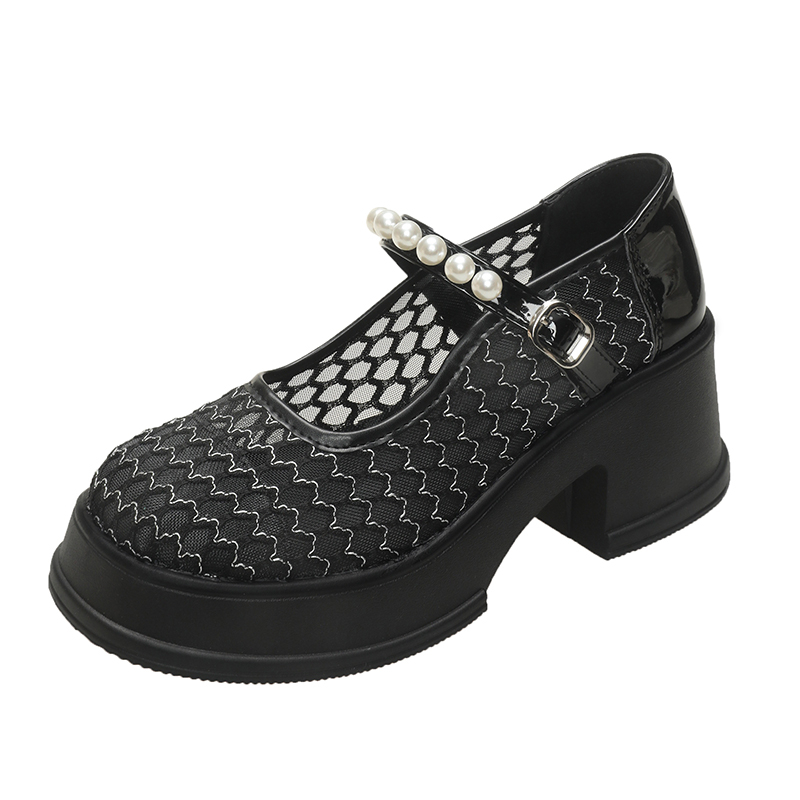 7cm高跟厚底玛丽珍女鞋2025秋时尚透气网眼洞洞鞋浅口黑色工作鞋 - 图3