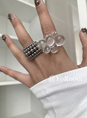 透明树脂花朵戒指宽版珠珠指环