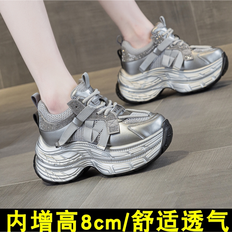 网面透气老爹鞋女内增高2025年新款时尚百搭厚底松糕运动休闲鞋子 - 图1