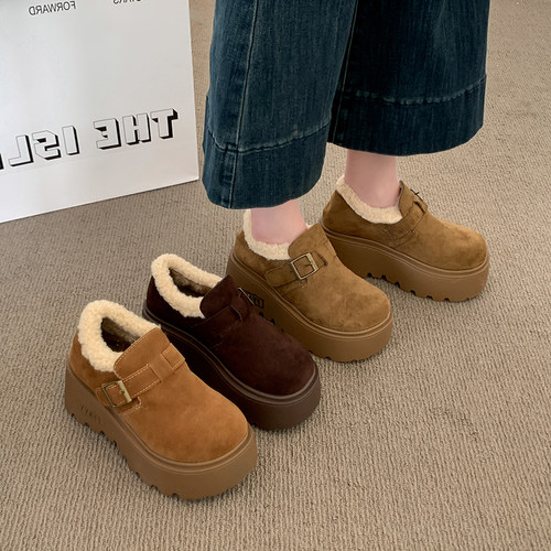 厚底增高加绒勃肯鞋女2025秋冬季新款乐福鞋博肯棉鞋子保暖雪地靴 - 图3