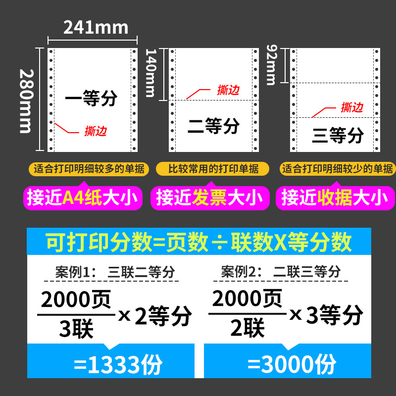 电脑针式打印纸三联二等分二联三等分四联一等分五联六联3联2等分撕边三联单发票清单送货单针式打印机专用纸-图1