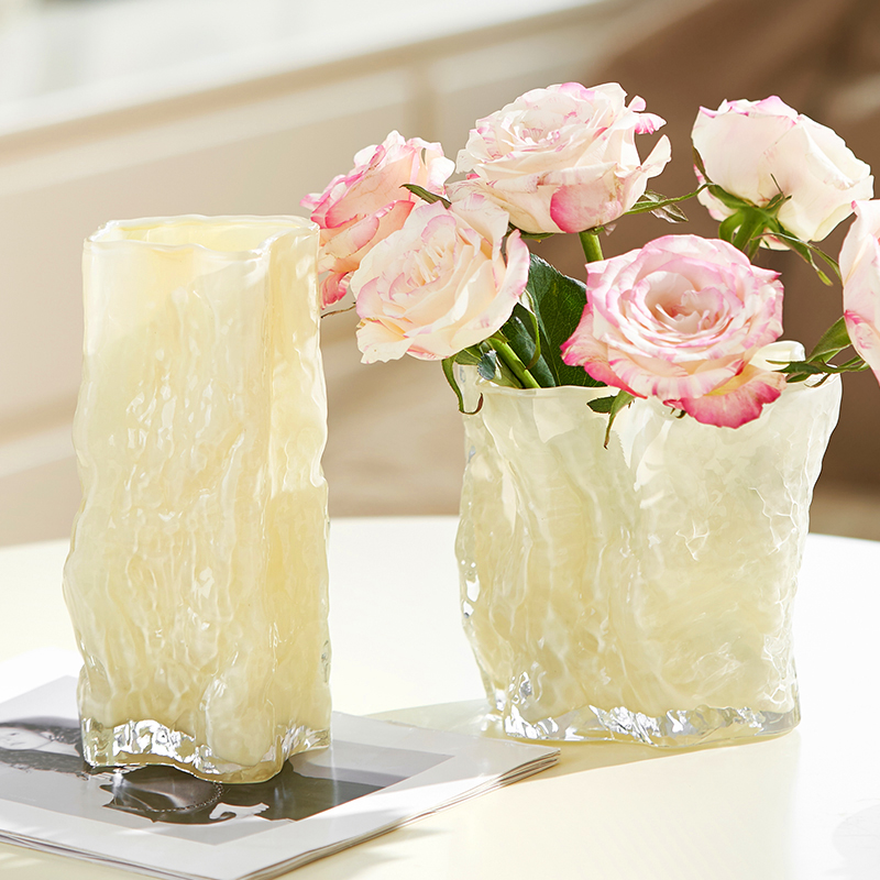 轻奢冰川工艺创意玻璃花瓶简约风透明插花玫瑰百合客厅摆件高级感,淘宝优惠券,粉丝福利购,淘宝优惠卷