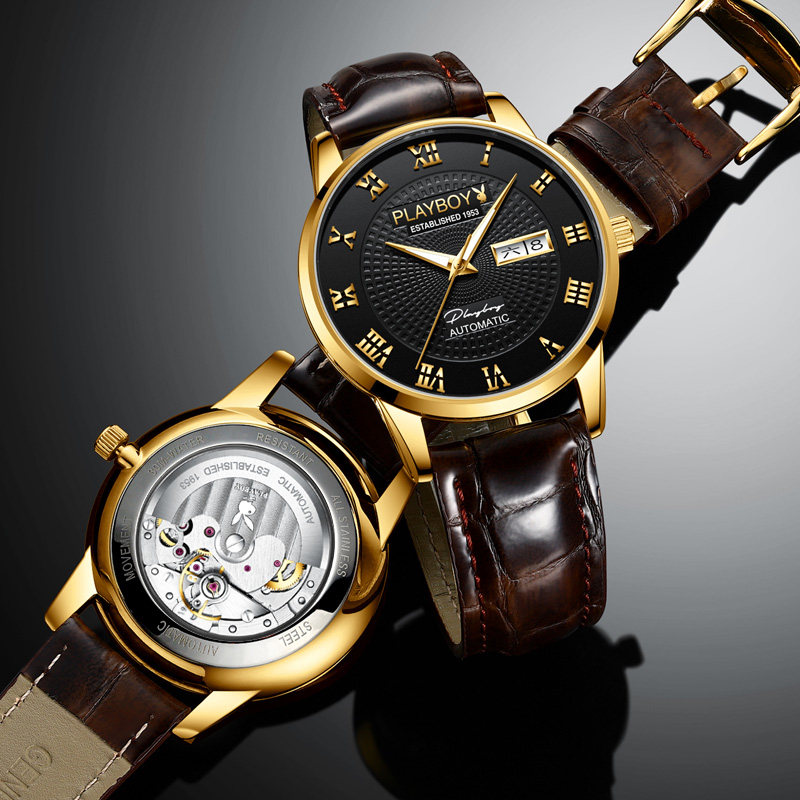 花花公子瑞士男士全自动镂空机械表 轩思尼国产腕表
