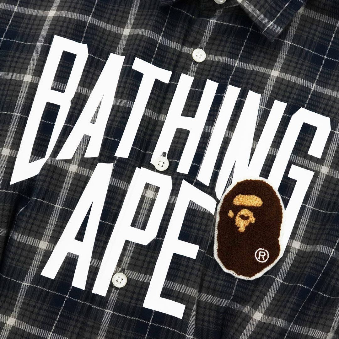 BAPE女装秋冬字母印花猿人贴布格纹长袖衬衫连衣裙235502H