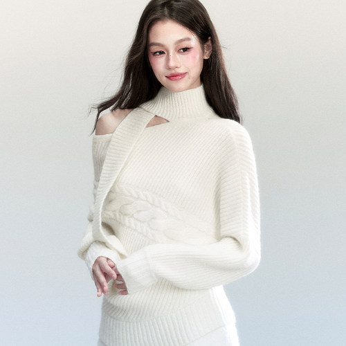 fragileheart易碎商店·韩系简约围脖毛衣气质蝙蝠袖上衣短裤套装 - 图2