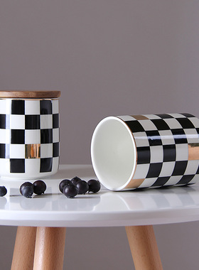 北欧几何格子密封罐带盖陶瓷储物罐子收纳盒咖啡花茶糖果罐摆件