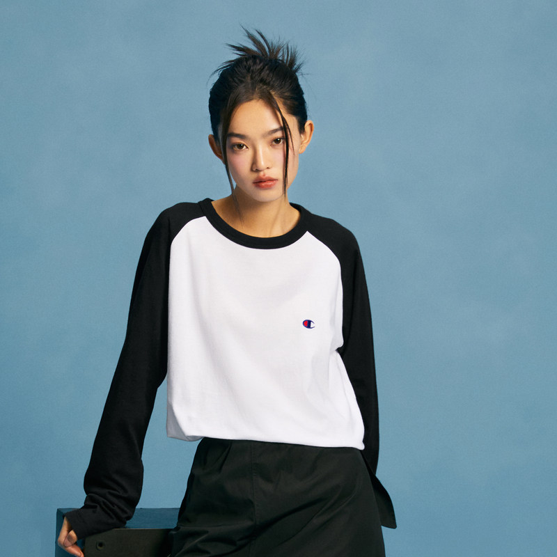 Champion冠军长袖T恤女25秋季新款情侣纯棉插肩袖拼色休闲上衣男