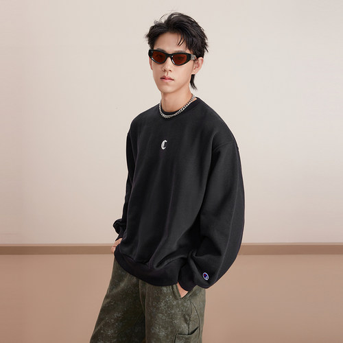 Champion冠军卫衣女冬季情侣刺绣纯色休闲运动加绒圆领套头上衣男 - 图3