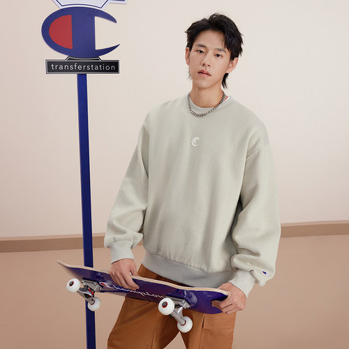 Champion冠军卫衣女冬季情侣刺绣纯色休闲运动加绒圆领套头上衣男 - 图2