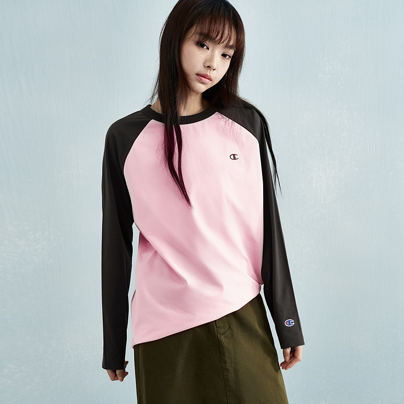 Champion冠军长袖T恤女25秋季新款情侣纯棉插肩袖拼色休闲上衣男