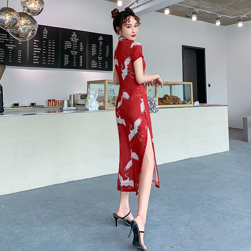 旗袍少女气质长款中国风复古连衣裙 抹茶菲尔旗袍