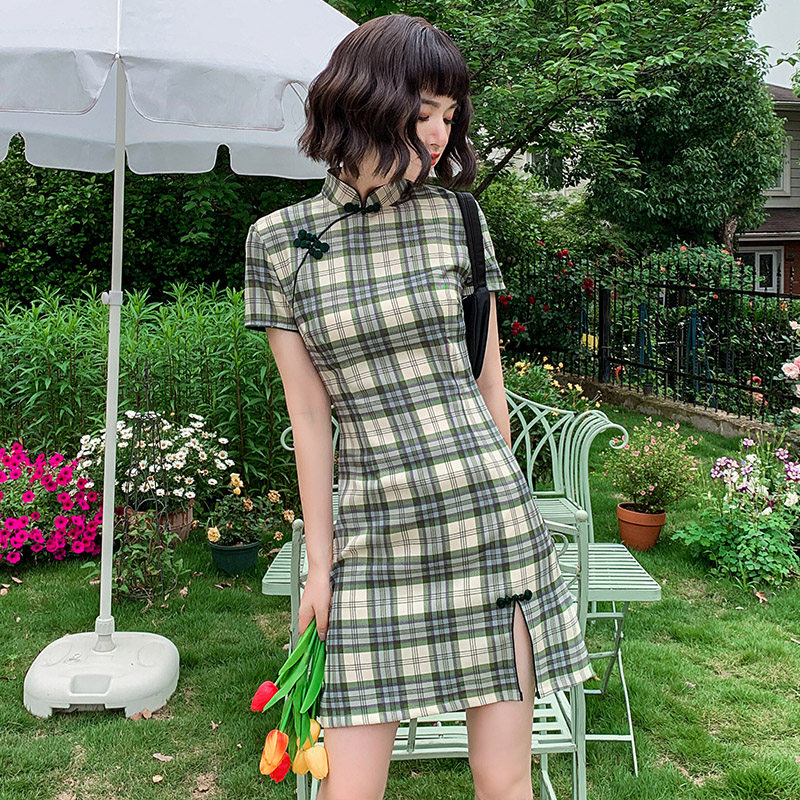 格子旗袍改良短款小个子现代连衣裙 抹茶菲尔旗袍
