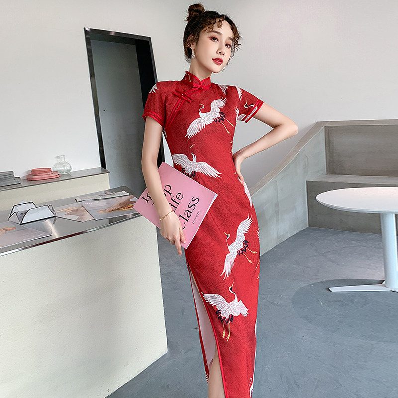 旗袍少女气质长款中国风复古连衣裙 抹茶菲尔旗袍