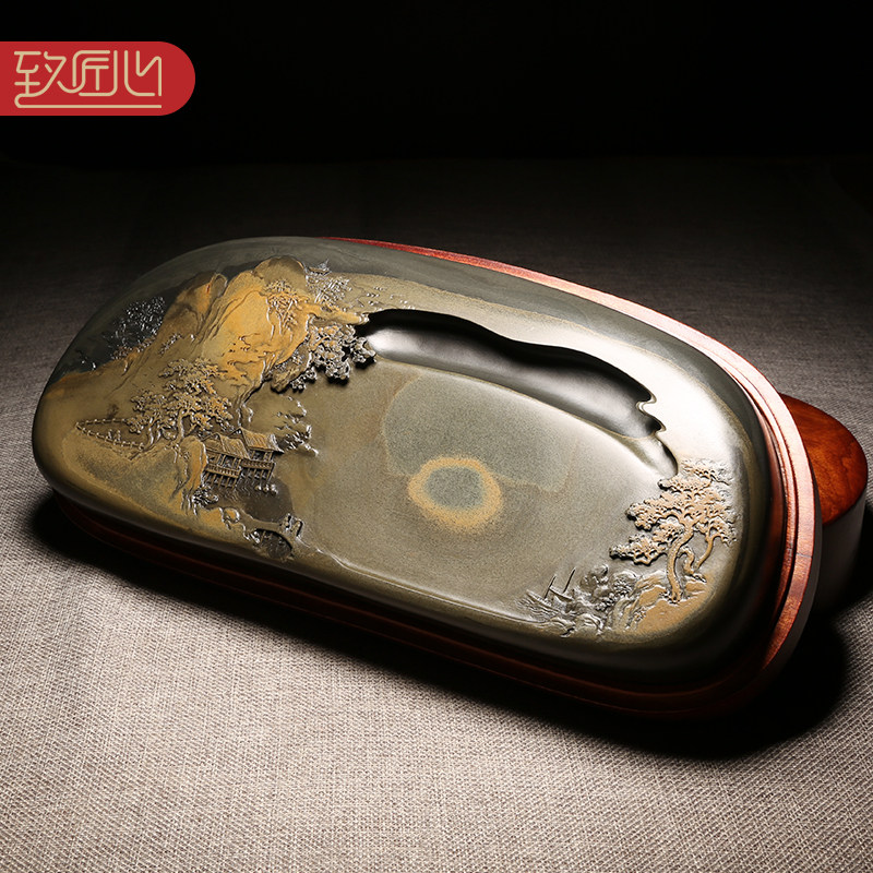 匠心非遗四大名砚之一歙砚名师作品《湖光秋色》龙尾山老坑金晕籽料高档浮雕高档文房摆件端砚收藏送礼佳品_虎窝淘