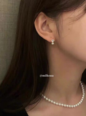 韩国925通体银锆石珍珠圈圈耳环