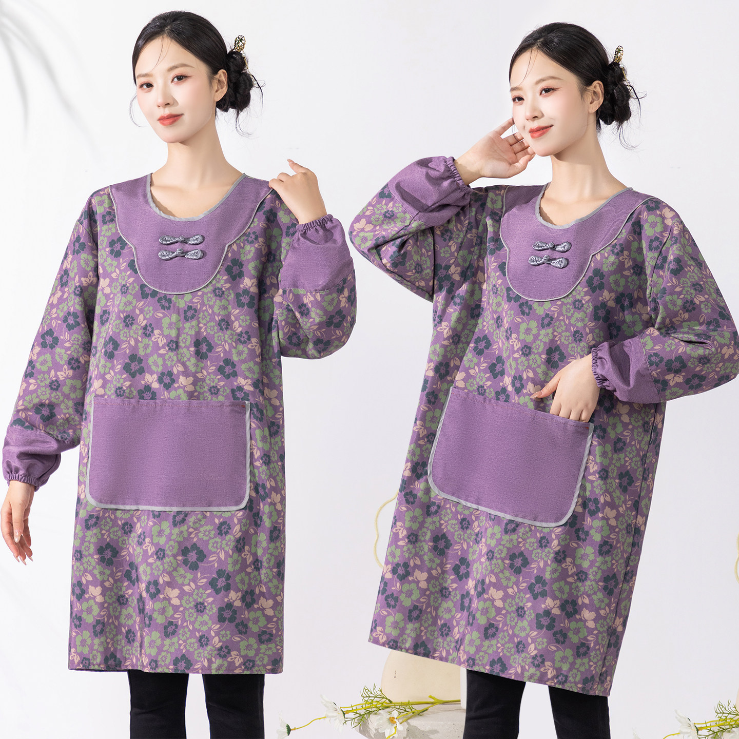 中式盘扣围裙长袖家用厨房做饭耐磨透气餐饮上班罩衣女外穿工作服,淘宝优惠券,粉丝福利购,淘宝优惠卷