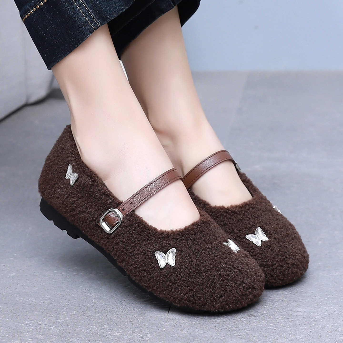 玛丽珍毛毛鞋女冬季外穿加绒保暖豆豆鞋女2025新款平底老北京布鞋,淘宝优惠券,粉丝福利购,淘宝优惠卷