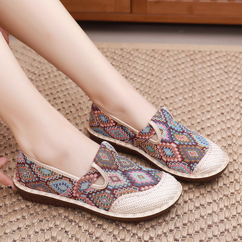 老北京亚麻布鞋女新款复古民族风妈妈鞋厚底拖鞋软底绣花鞋一脚蹬,淘宝优惠券,粉丝福利购,淘宝优惠卷