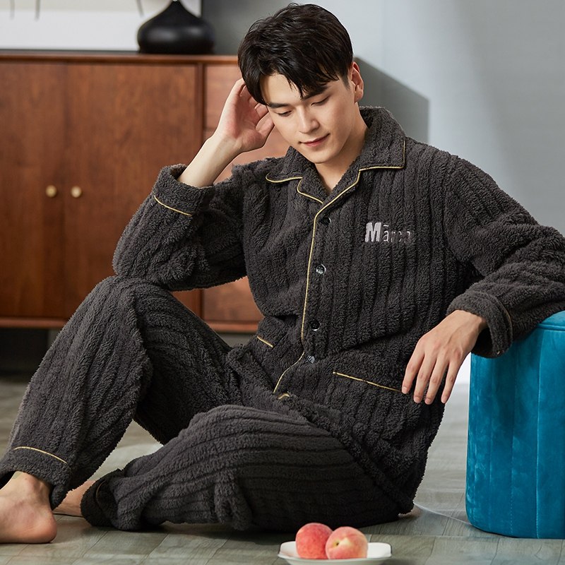 蓝豆娘男秋冬款保暖中年北极绒睡衣 蓝豆娘睡衣/家居服套装