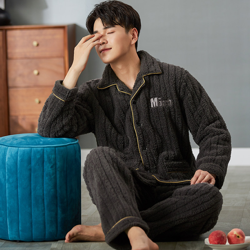 蓝豆娘男秋冬款保暖中年北极绒睡衣 蓝豆娘睡衣/家居服套装