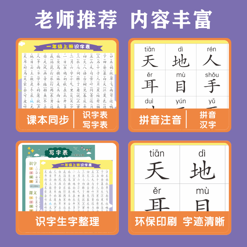 小学生一年级二语文上册下册认字生字识字表挂图卡片人教版知识点-图0