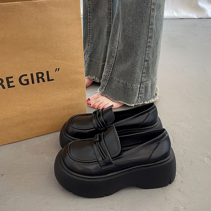 Black platform thick-soled small leather shoes for women, all-match loafers