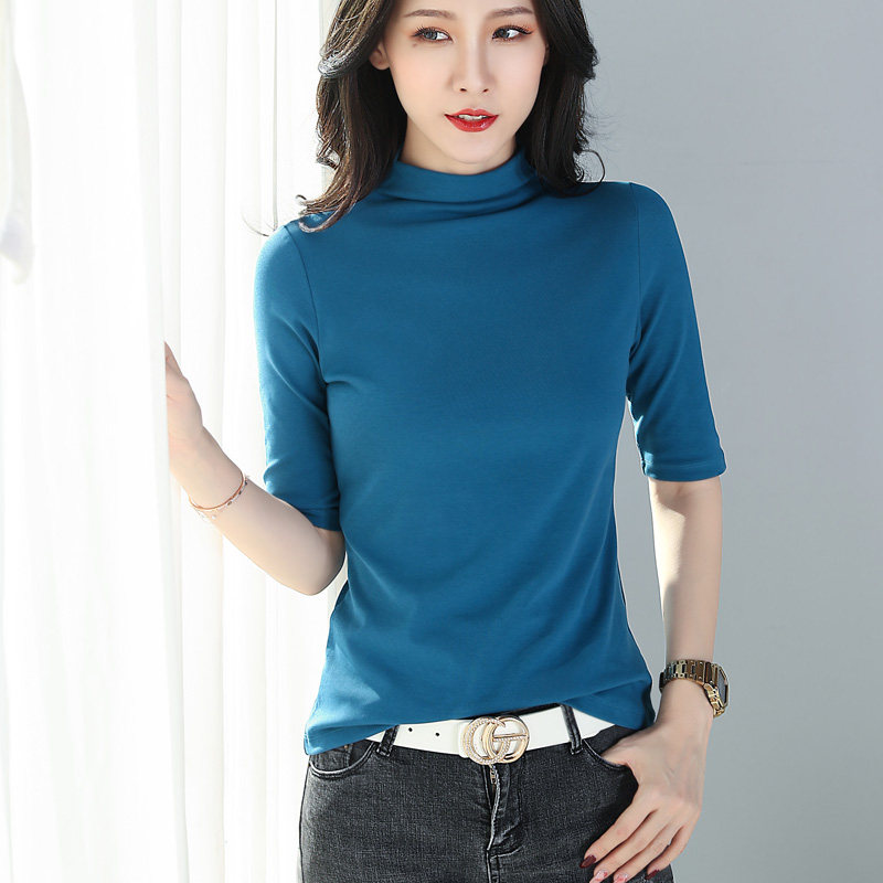 蓝色女小半高领五分中袖修身打底衫 令妲T恤