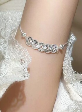 足银9999纯银碎碎冰五帝钱币项链手链女轻奢小众高级新中式锁骨链