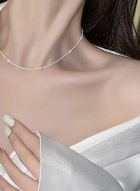 足银99纯银波光粼粼项链满天星菜花链冷淡风素链银锁骨链气质胖人