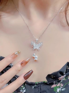 足银990手工花丝双层蝴蝶铃兰花流苏吊坠发财玄学蝴蝶锁骨链百搭