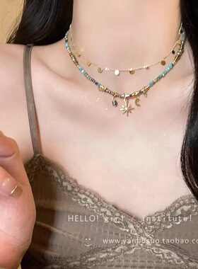 双层叠戴串珠项链女夏小众波西米亚太阳花锁骨链高级颈链配饰