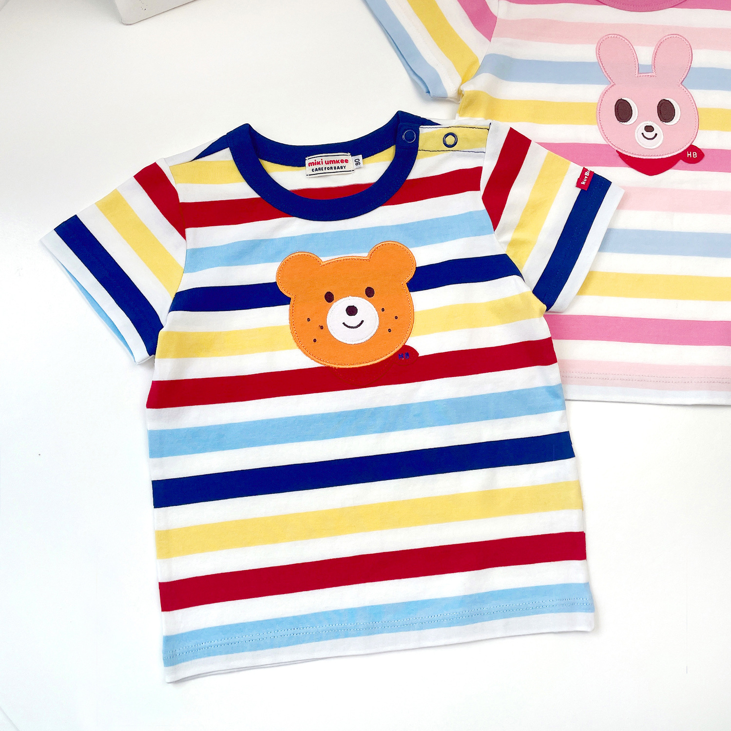 miki短袖24夏款日系可爱中小男女儿童HB熊兔贴布绣花彩条色织T恤
