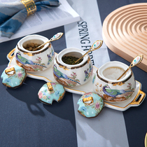 Seasoning Tank Kitchen Home Light Luxury High-end Creative Ceramic Mesh Red Chicken Refined Salt Jar Vinegar Jug Oil Bottle Seasoned Suit