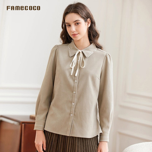 Famecoco范可儿优雅通勤刺绣花边领衬衫系带长袖衬衣FAB8BH021 - 图2