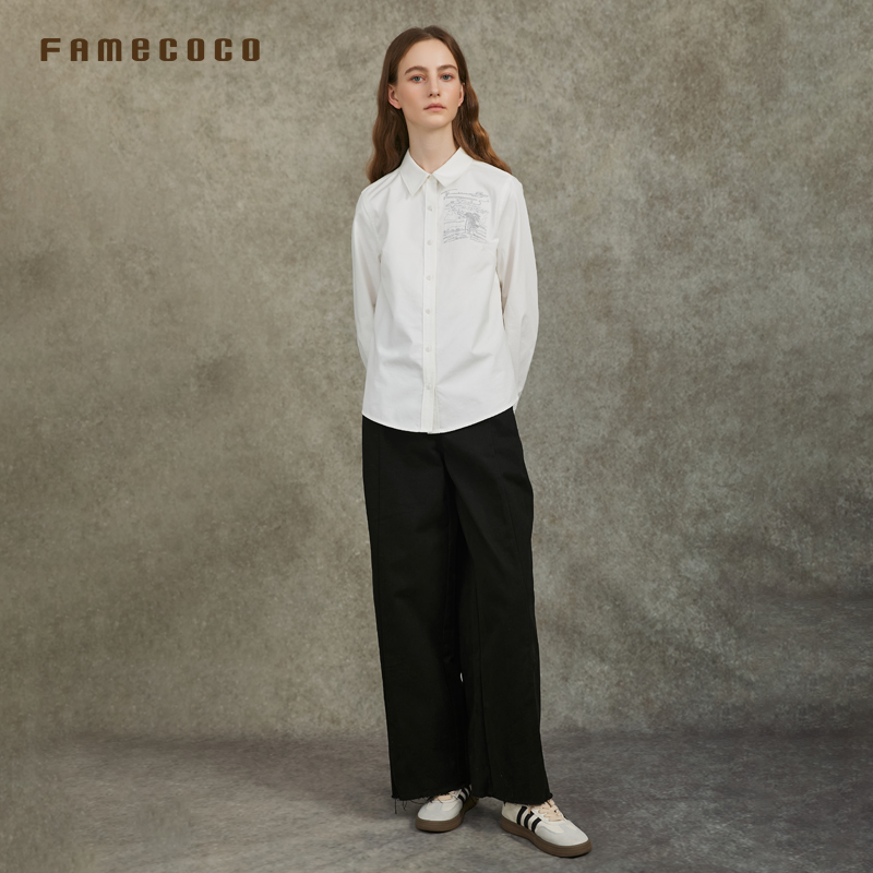 Famecoco极简衬衫长袖基础百搭经典刺绣淡颜系轻熟穿搭FAC6BH003 - 图1