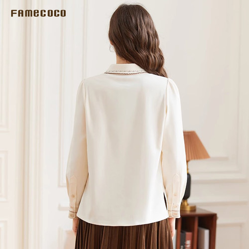 Famecoco范可儿优雅通勤刺绣花边领衬衫系带长袖衬衣FAB8BH021 - 图1