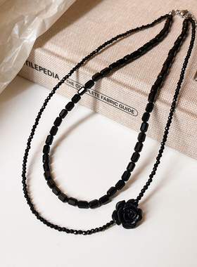 双层黑色米粒串珠玫瑰花朵项链