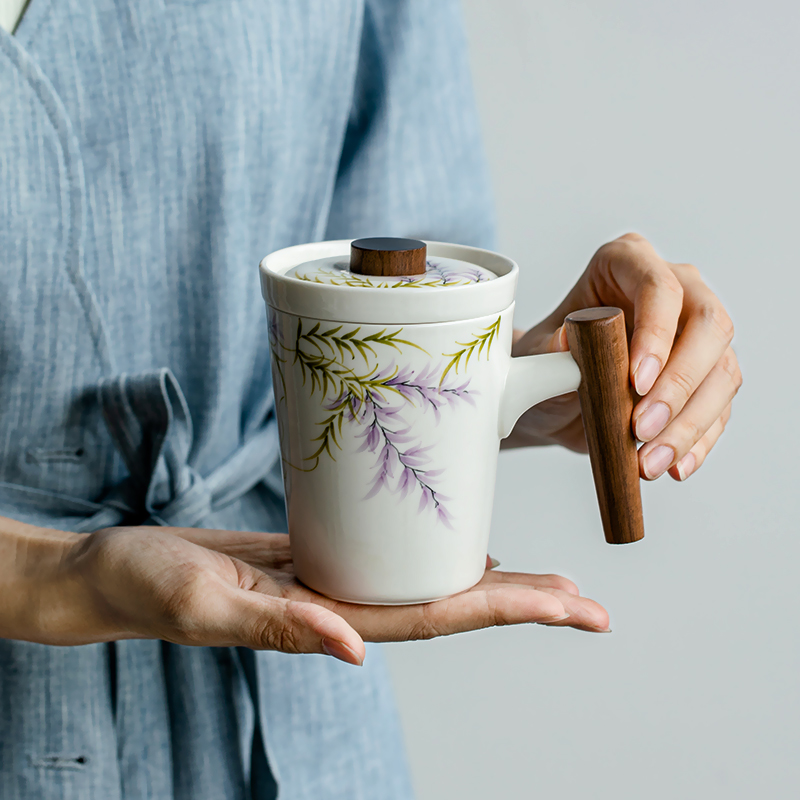 拓土教师节送礼纯手绘紫藤花泡茶杯茶水分离办公室带盖过滤马克杯 - 图1