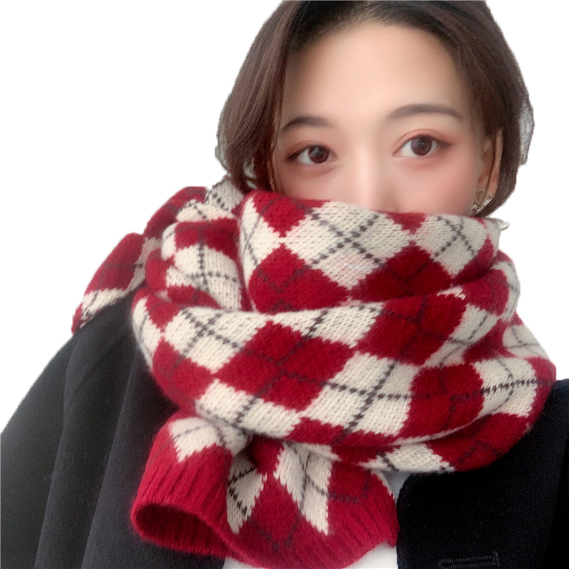 恋珂色旗舰店围巾女冬季百搭韩版披肩围脖复古菱形格子针织毛线围巾装饰保暖3