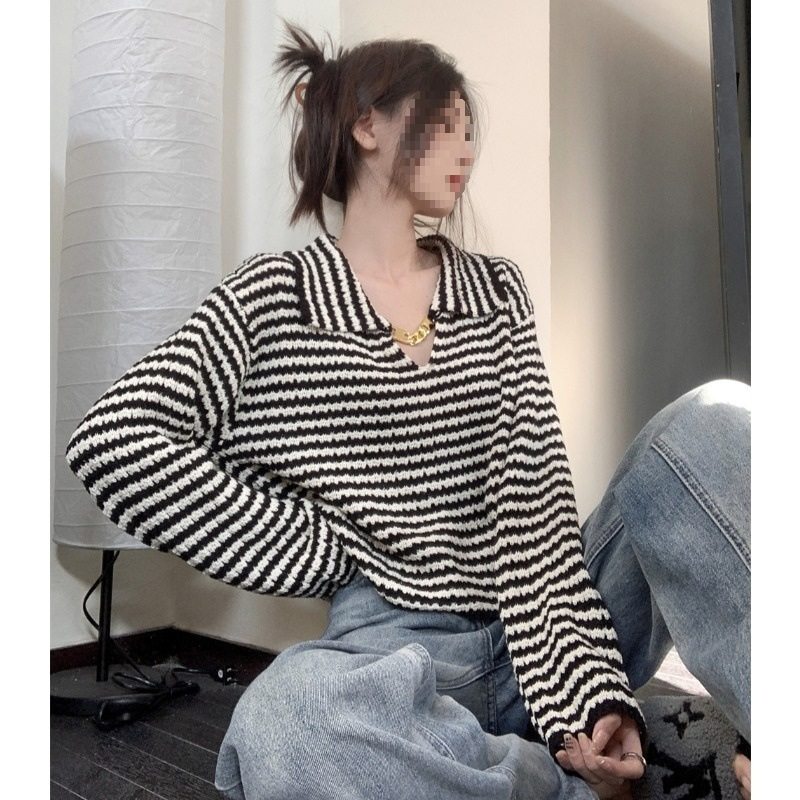 2025秋法式赫本风娃娃领毛衣女链条设计感宽松慵懒风条纹针织上衣,淘宝优惠券,粉丝福利购,淘宝优惠卷