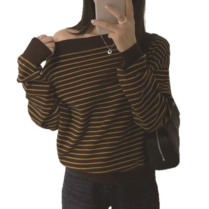 韩版简约一字肩条纹长袖针织衫女2025秋冬新款轻熟风显瘦修身上衣,淘宝优惠券,粉丝福利购,淘宝优惠卷