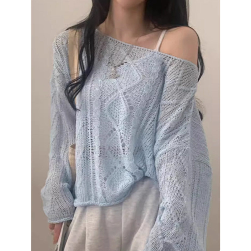 秋季韩版针织镂空防晒罩衫女纯欲一字露肩套头长袖毛衣薄款上衣,淘宝优惠券,粉丝福利购,淘宝优惠卷
