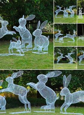 不锈钢动物雕塑仿真兔子摆件楼空网格发光户外园林庭院装饰摆设