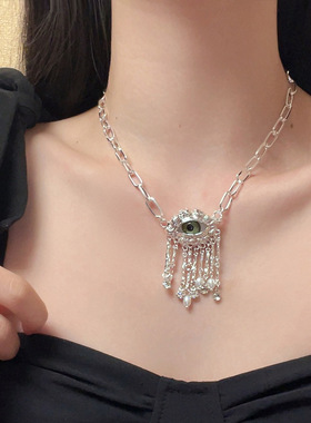 中古金属夸张中古恶魔之眼项链珍珠流苏吊坠颈链小众设计感锁骨